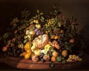 A Still Life of Fruit on a Marble Ledge - 利奥波德·辛诺格尔